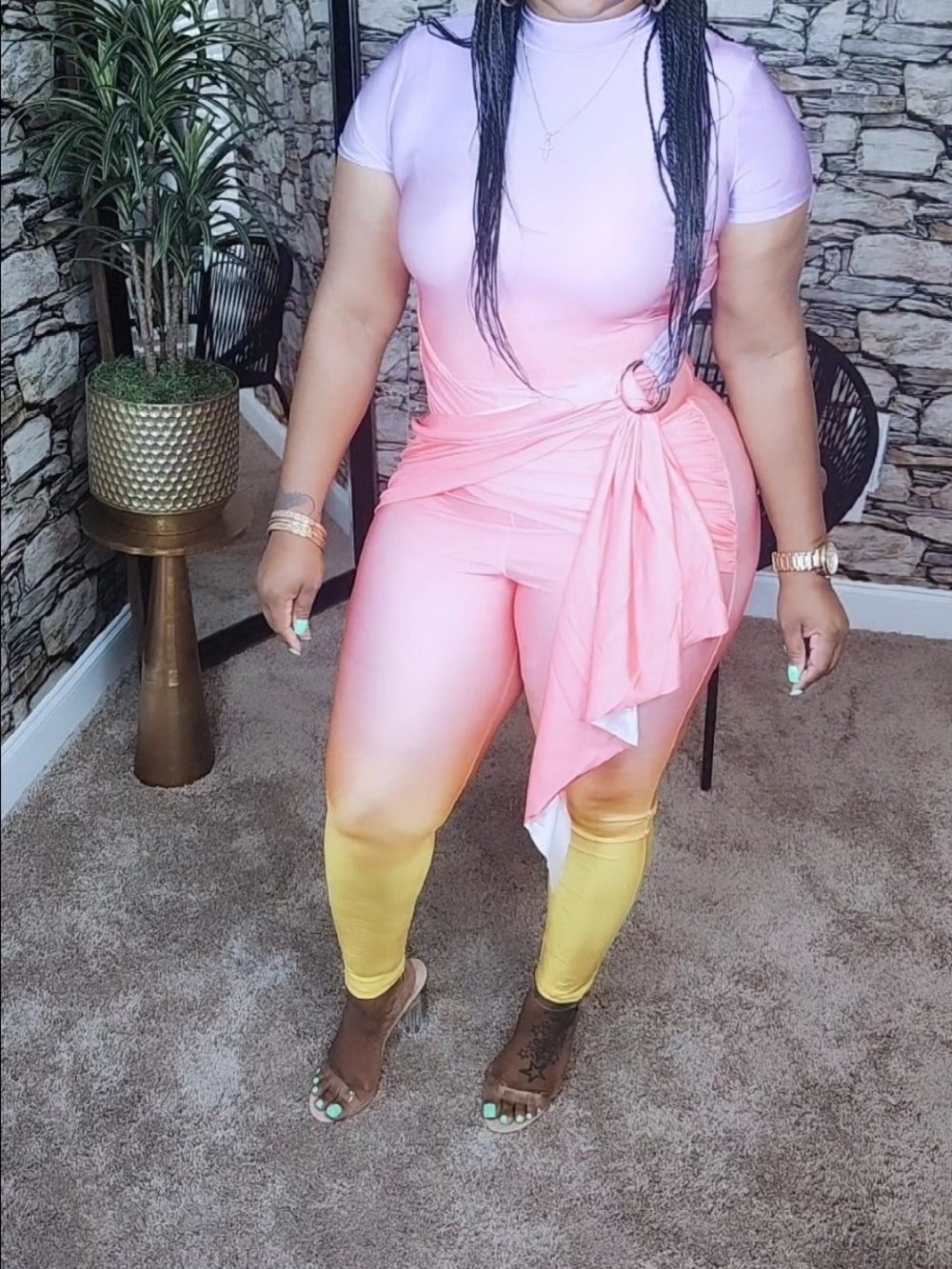 Ombre Pink to Yellow Women's Jumpsuit with Side Tie